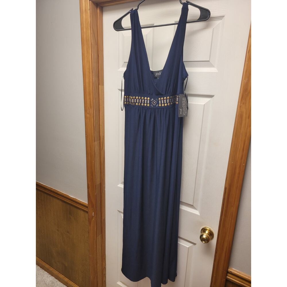 JSP Navy Maxi Dress Gold Studded Empire Waist Sleeveless XL NWT